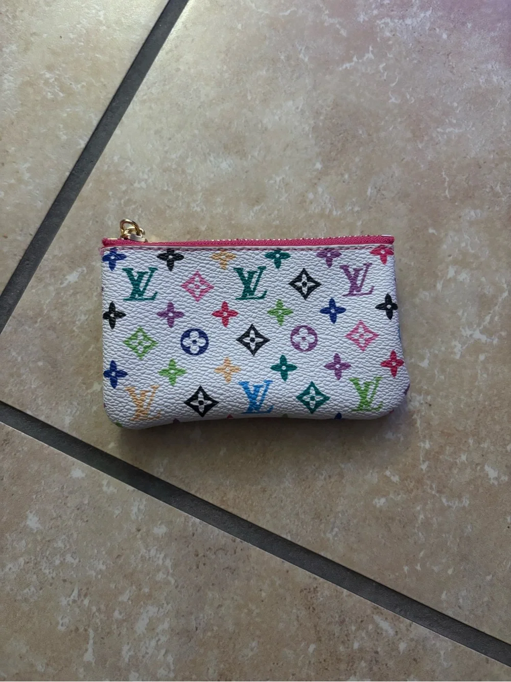 Multicolor Monogram White Canvas Coin Pouch with Pink Trim - Picture 1 of 2